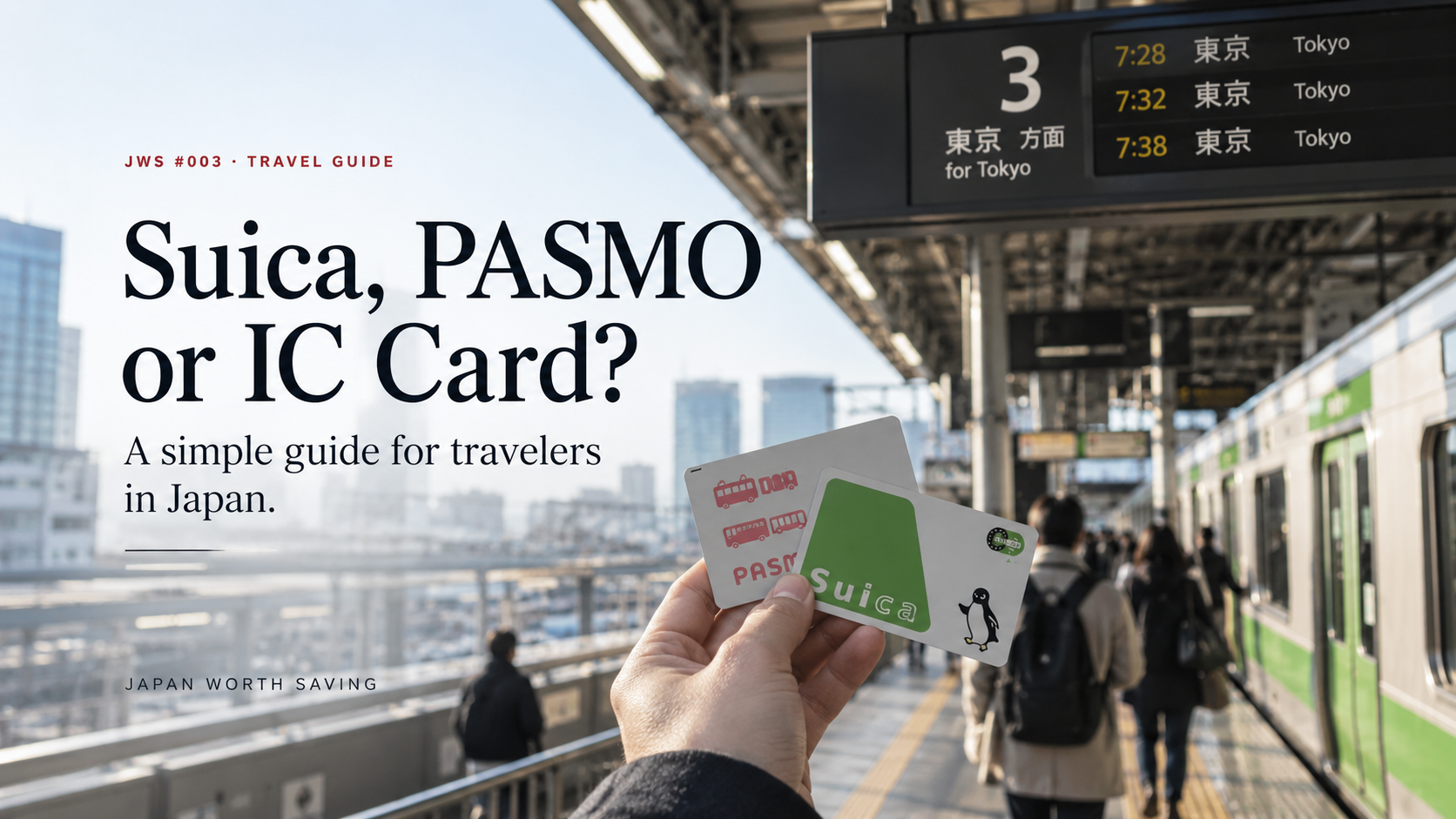 JWS #003 guide cover: Suica, PASMO or IC Card at a Tokyo train platform